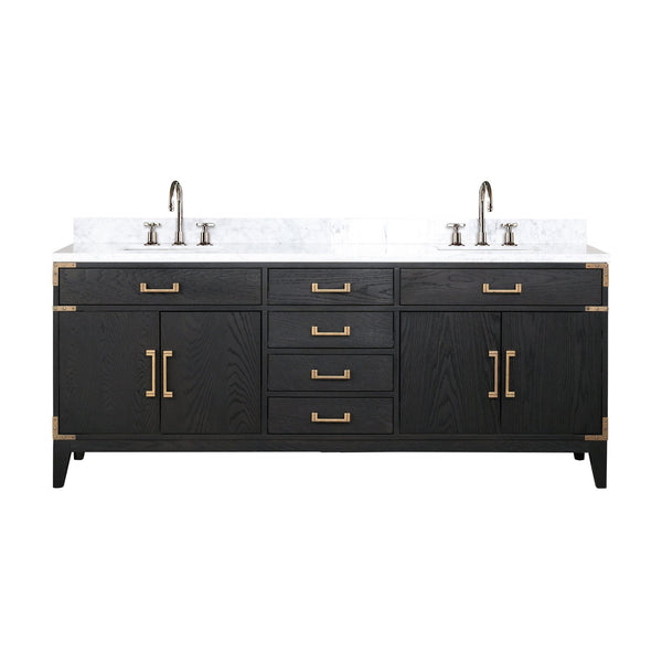 English Elm Black Oak Double Bath Vanity With Carrara Marble Top, Chrome Faucet, And Ample Storage Solutions B2731P260965