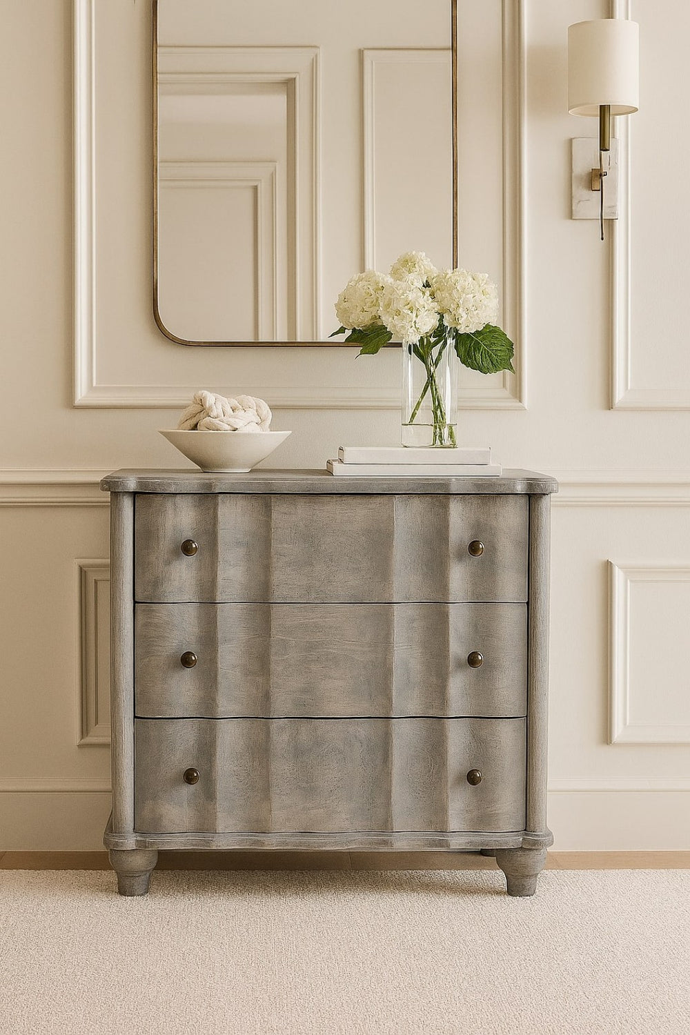 English Elm Solid Wood Curved Leg Chest, Acid-Wash Grey Finish With 3 Drawers For Stylish Bedroom Storage Solutions B182P372173-GIGA