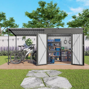 English Elm 12x4ft Steel Lean to Shed with Open Pergola Combo Backyard Storage and Shaded Patio W3213S00011