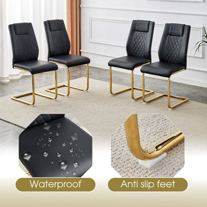 English Elm Table Set: Modern 9-Piece Luxurious Transparent Glass Dining Set With 8 Black Pu Chairs & Gold Legs W1151S02590-GIGA