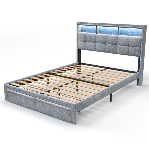 English Elm Queen LED Linen Platform Bed with USB-C/A Charging, 2 Drawers, Memory Foam Headboard, Light Gray W1550P190365