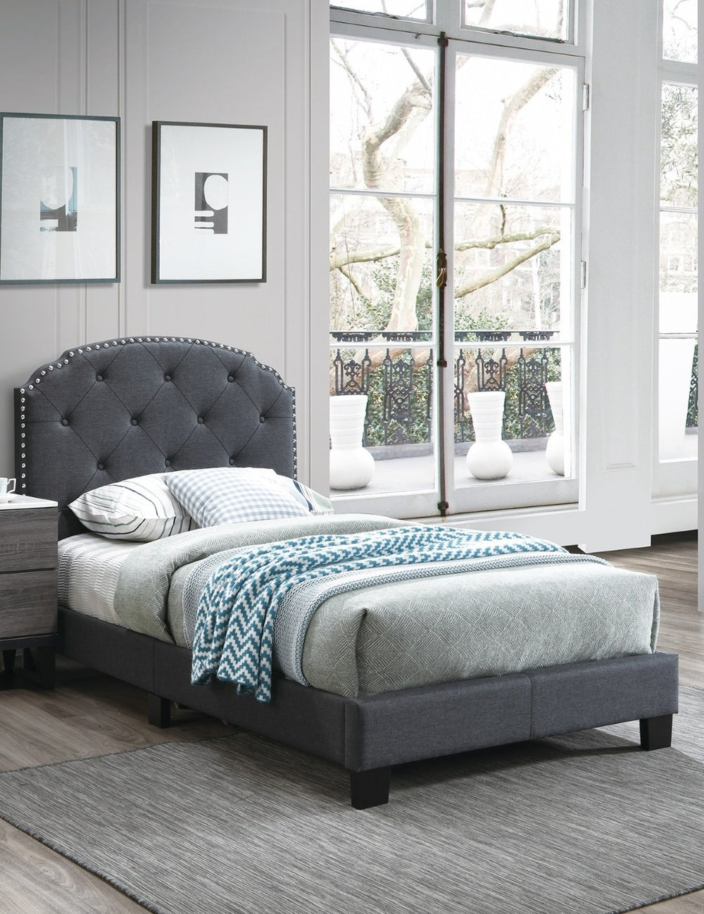 English Elm Light Gray Burlap Upholstered Twin Bed with Button Tufted Headboard and Nailhead Trim Charcoal B011P415174
