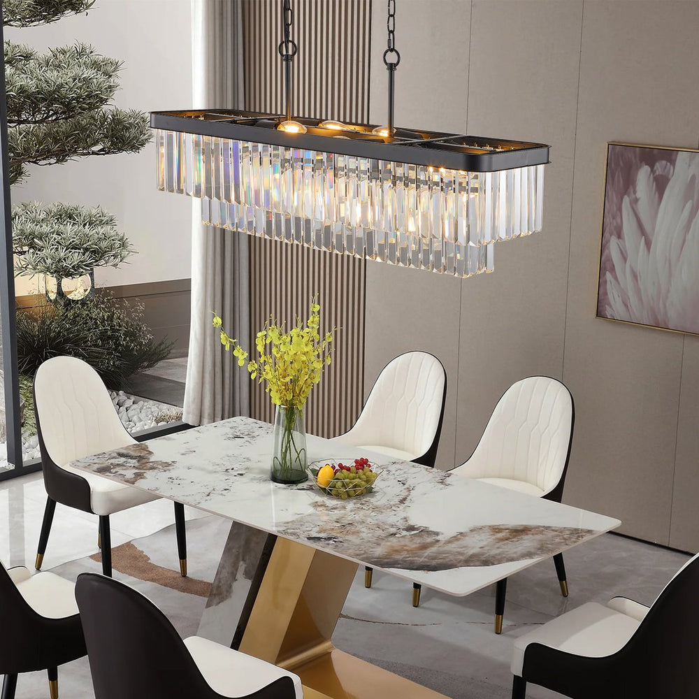 English Elm Chandeliers,Rectangular Crystal Chandelier Adjustable Modern Industrial Iron Frame Pendant Light for Kitchen Dining Room Bedroom PMID Black W2312P368690