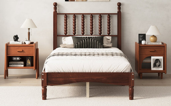 English Elm Twin Rubberwood Platform Bed Gourd Headboard Retro Bohemian Bedroom Slat Base Walnut N733P427029D