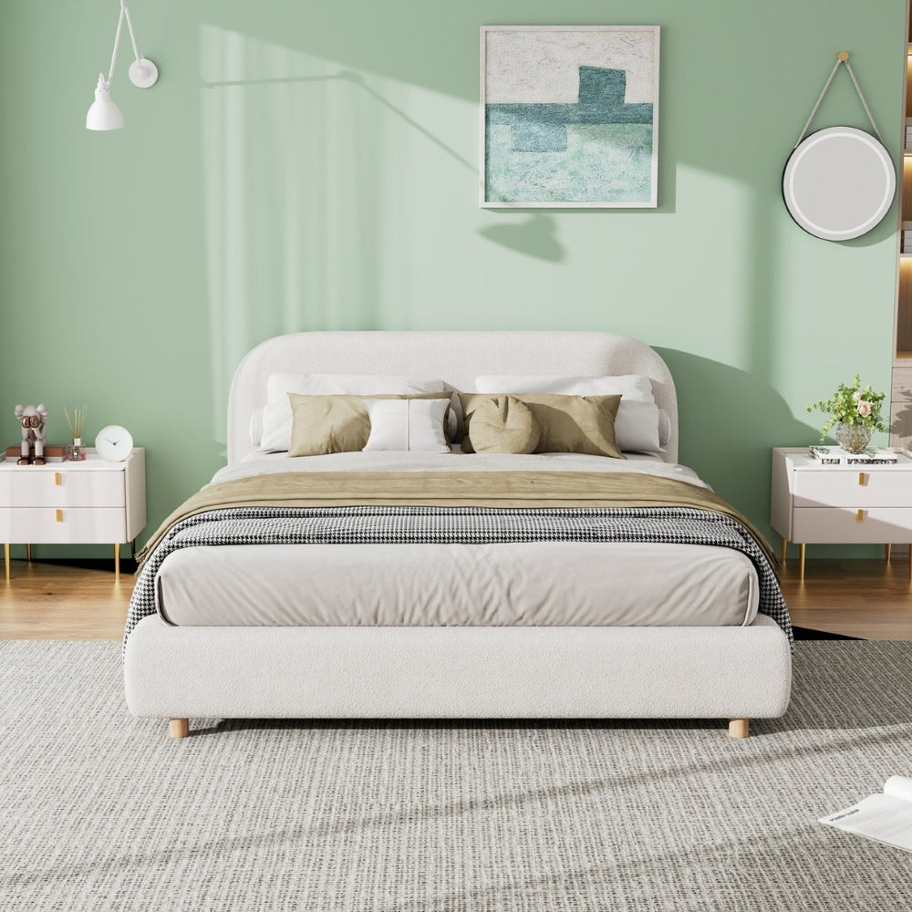 English Elm Queen Boucle Upholstered Bed Curved Foam Padded Headboard Solid Wood Legs Modern N757Q210312W-1