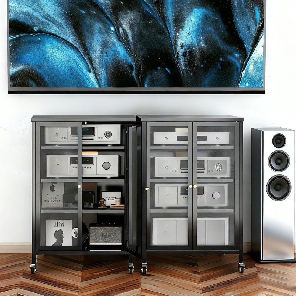 English Elm 35.8" Steel Media Cabinet with Tempered Glass Doors and Locking Wheels for Living Room T2398P413024