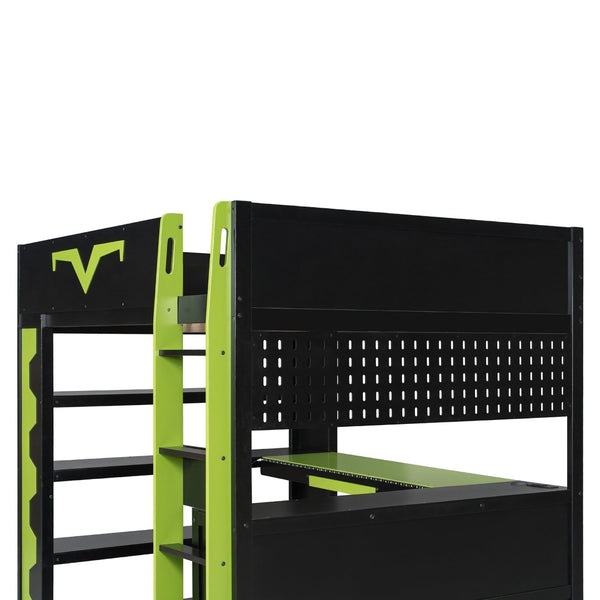 English Elm Full Size Gaming Loft Bed with Desk Rgb Lighting Power Outlet and Storage Drawer Green LT000285AAF