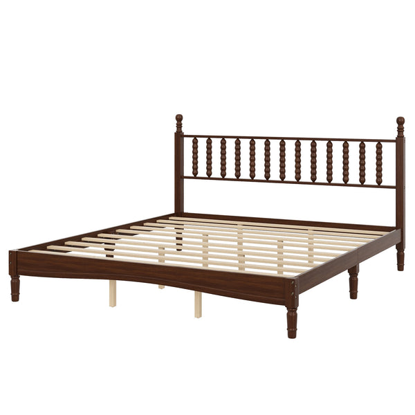 English Elm King Retro Wood Platform Bed with Gourd Headboard, Walnut Finish, Sturdy Slat Support, No Box Spring Needed N733P338316D