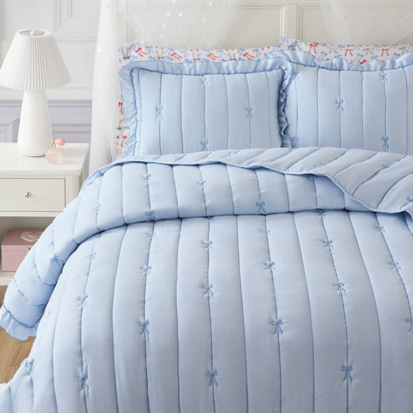 English Elm 3-piece Reversible Microfiber Quilt Set Bow Embroidery Ruffled Trim Romantic Bedroom Blue B035P482883