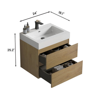 English Elm U040-Alice24-106 Alice 24" Natural Oak Wall-Mounted Bathroom Vanity with Integrated Basin, Soft-Close Drawers and Bevel Handle-Free Design W1865S00040