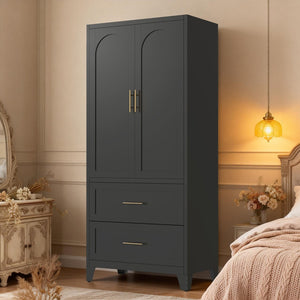 English Elm 71" Steel Wardrobe with Hanging Rod Two Drawers and Shelf for Compact Bedroom W3387P411306