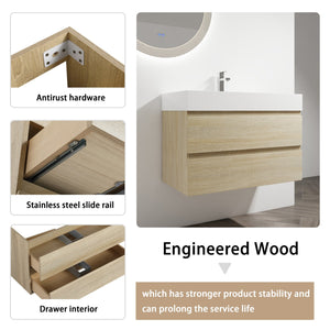 English Elm 36" Wall-Mounted Bathroom Vanity With Resin Sink & Soft-Close Drawers For Modern Spaces W999S00198