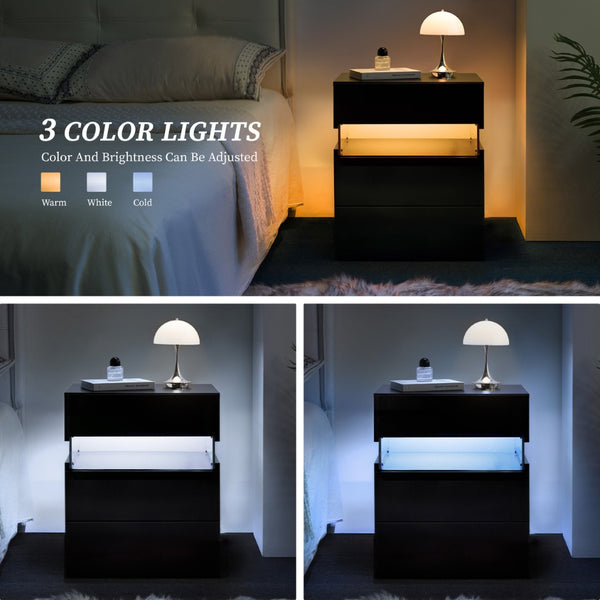 English Elm Led Nightstand with Rgb Acrylic Glow Panel Three Drawers Walnut Bedroom Table Black W2178P412306