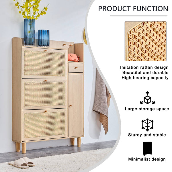 English Elm Modern minimalist wood rattan shoe cabinet with vine design – compact MDF storage for halls, living rooms W1512P360384