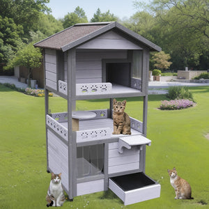 English Elm Three Story Solid Wood Outdoor Cat Villa with Balcony Weatherproof Feral Shelter W1431P284943