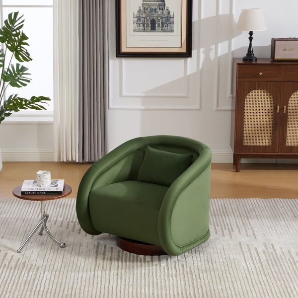 English Elm Swivel Barrel Chair Pumpkin Sculptural Velvet Upholstered with Walnut Wood Round Base Green W3244P427740
