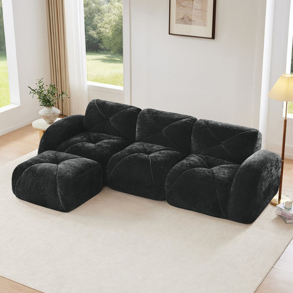 English Elm L-shaped Velvet Sectional Sofa Tufted Modular Seating with Ottoman for Living Room Black W714S01627