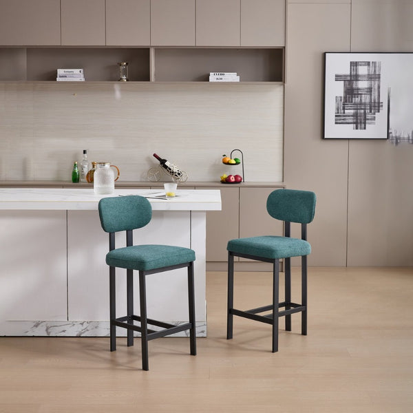 English Elm Bar Stools Set of 2 Upholstered Fabric Seat with Foam Cushion Black Metal Legs W3244P310204