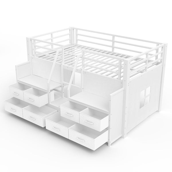 English Elm Twin Low Loft Bed with Shelves Fabric Drawers and Under Bed Study Nook Metal Frame Light White W5305S00042