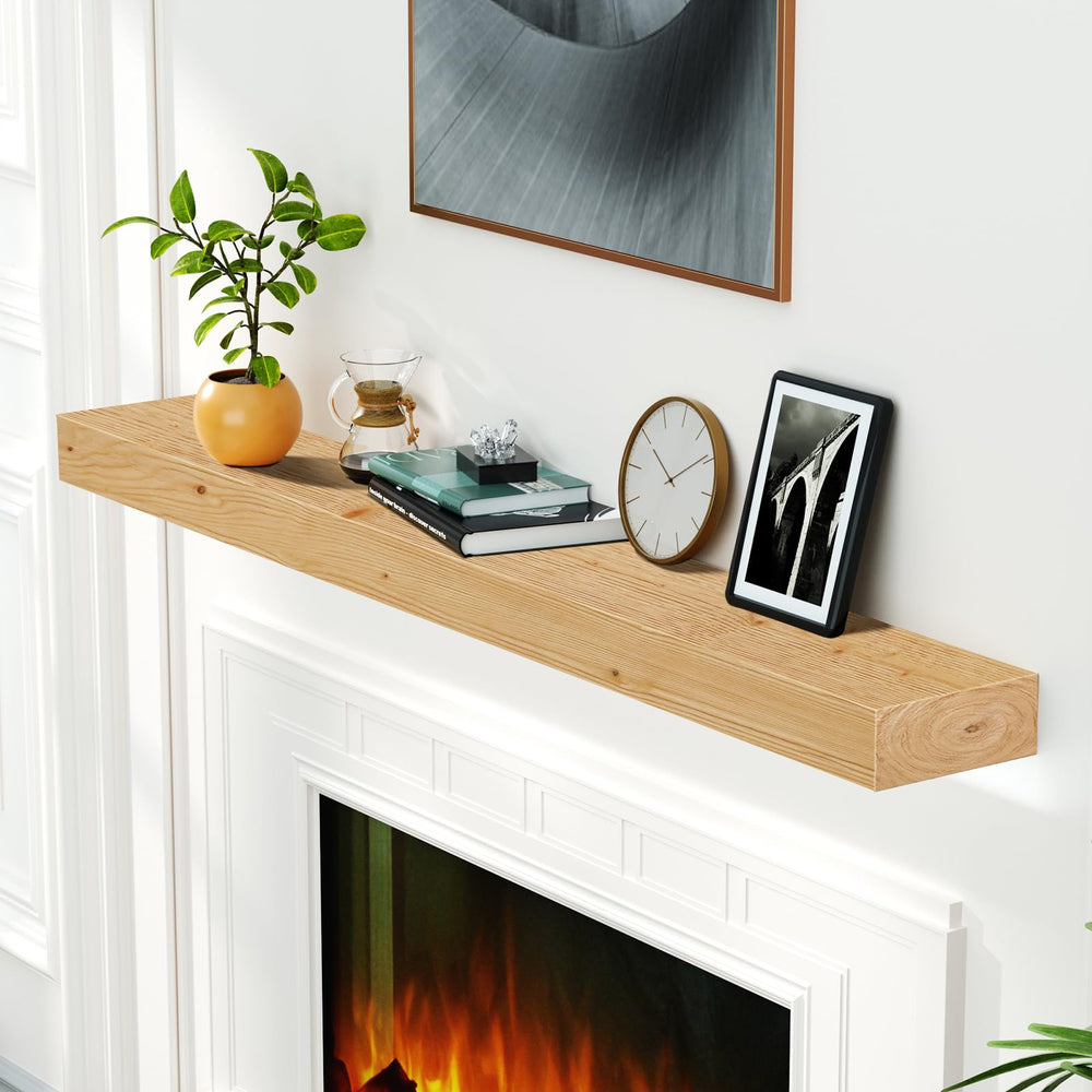English Elm Fireplace Mantel, 60" Handcrafted Solid Pine Floating Shelf, Lightweight Wall Display For Rustic Elegance T3210P391510
