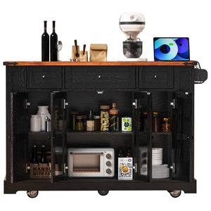 English Elm K&K 53" Farmhouse Kitchen Island with Drop Leaf, Tempered Glass Doors, Power Outlet, Rolling Cart Black N707P263637B