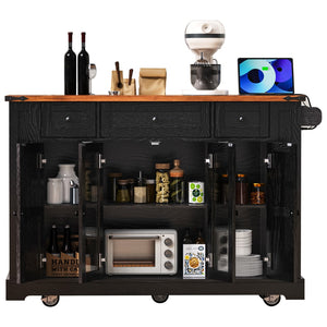 English Elm K&k Farmhouse Rolling Kitchen Island with Drop Leaf Tempered Glass Drawers and Power Outlet Black N707S263637B