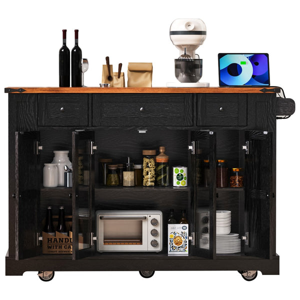 English Elm K&k Farmhouse Rolling Kitchen Island with Drop Leaf Tempered Glass Drawers and Power Outlet Black N707S263637B