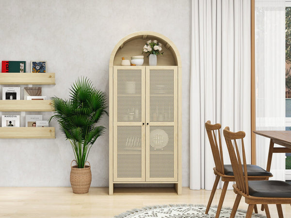 English Elm 70.28" Tall Arched Kitchen Pantry - Elegant Rattan Storage Cabinet With Adjustable Shelves & Safety Features W688P204451