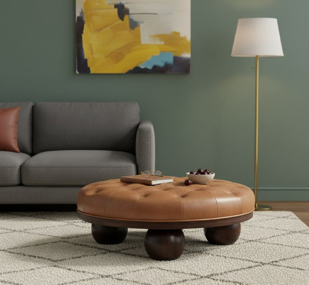 English Elm Artisan Solid Mango Wood Round Coffee Table with California Walnut Finish for Living Rooms B182P430274
