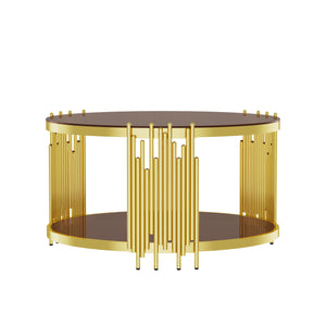 English Elm 31.5inch Modern Luxury Gold Coffee Table with Two-Tier Storage, Tempered Glass Top, Elegant Crown Design Dark Brown W1550P171485