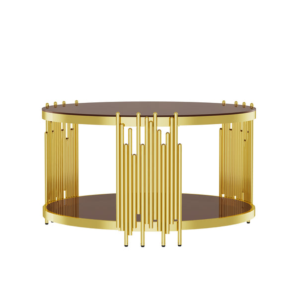 English Elm 31.5inch Modern Luxury Gold Coffee Table with Two-Tier Storage, Tempered Glass Top, Elegant Crown Design Dark Brown W1550P171485