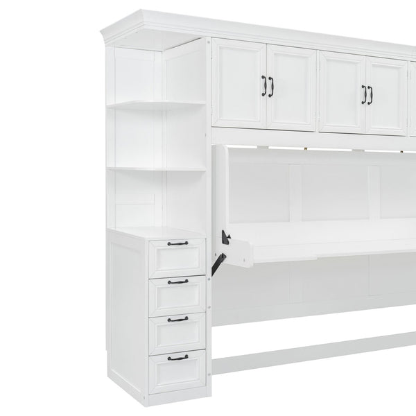 English Elm Twin Murphy Wall Bed with Integrated Desk Wardrobe and Storage Cabinet in White LP000767AAK