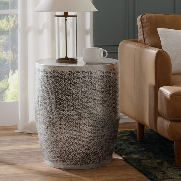 English Elm Johnsen Etched Web Pattern Accent Table 18" Round Iron Side Table Durable Powder-Coated Finish Antique Silver B136P361853