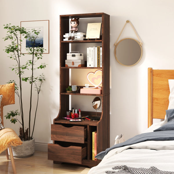 English Elm Night Multi-Function Nightstand with 2 Drawers and 4-Tier Bookshelf Vertical Space Saver Walnut W331P248063