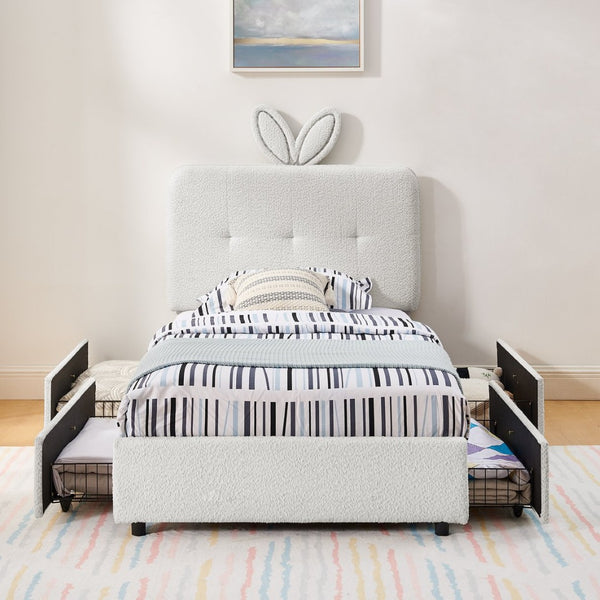 English Elm Twin Kids Boucle Upholstered Bed Rabbit Ear Headboard Led Lighting Four Storage Drawers Beige W1413P384921
