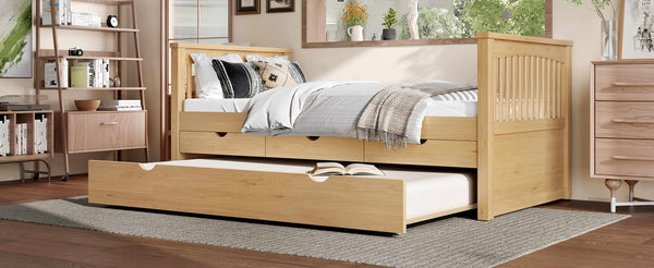 English Elm Twin Solid Wood Platform Bed with Trundle and Two Drawers, White Daybed for Kids Guests Natural W1580S00264