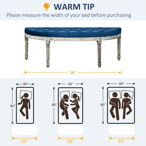 English Elm HOMCOM Vintage Semi-Circle Upholstered Entryway Bench with Tufted Velvet-Touch Seat and Rubberwood Legs Blue W2225P217019