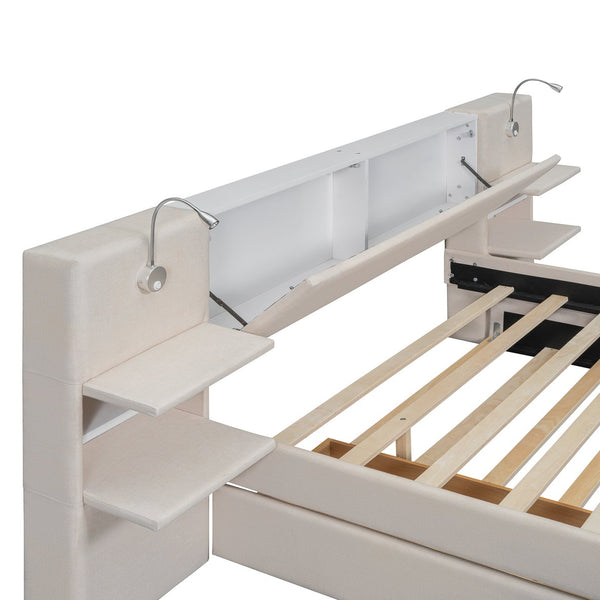 English Elm Queen Linen Upholstered Platform Bed with Storage Drawers, Trundle, Flip-Up Headboard & Lights Beige SF000187AAA