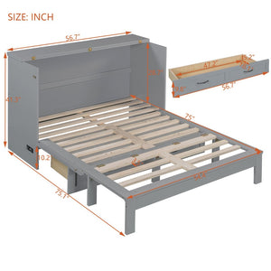 English Elm Full Size Murphy Bed Rattan Cabinet with Storage Drawers and Gold Hardware Gray N708S00009E