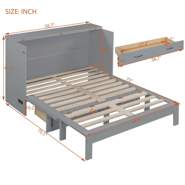 English Elm Full Size Murphy Bed Rattan Cabinet with Storage Drawers and Gold Hardware Gray N708S00009E