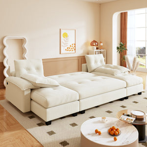English Elm 104.7" U-Shaped Sleeper Sofa with Pull-Out Bed, Convertible Modular Sectional with Chaise, USB Ports, Chenille Upholstery Beige+White W1885S00211
