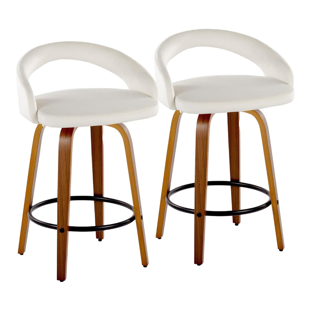 English Elm Fixed-height Swivel Counterstools Mahogany Wood Chrome Footrest Velvet Seat Set of 2 White B202S01778