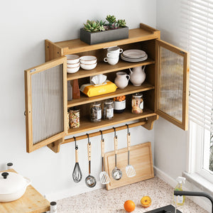 English Elm 24.8''Glass Vintage Double Door Wall Cabinet with 3-Tier Solid Wood Storage, Towel Rack, Natural W757P170145
