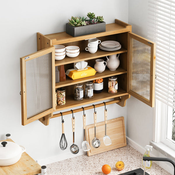 English Elm 24.8''Glass Vintage Double Door Wall Cabinet with 3-Tier Solid Wood Storage, Towel Rack, Natural W757P170145