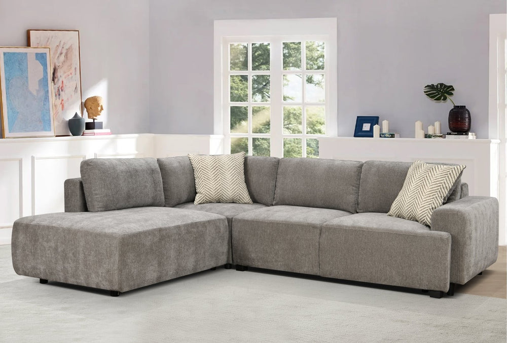English Elm Sleeper Sectional with Storage Chaise Tufted Chenille Pull Out Sofa Bed Living Room Light Grey W1417S00217