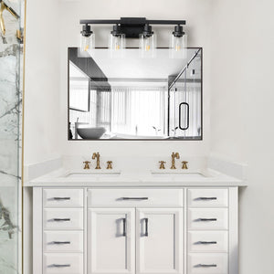 English Elm (Same As W1340P197620/L001010-B4) 24" Black Industrial 4-Light Bathroom Vanity Sconce With Clear Glass Shades & Style W1340P206682