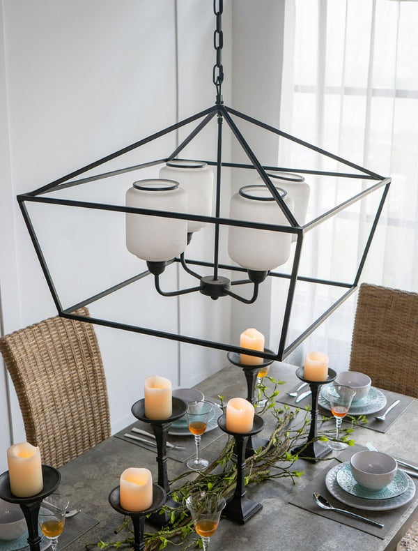 English Elm 26x26x21.9" Matte Black Iron Geometric Chandelier with Opaque Glass for Dining Foyer W2078P411230