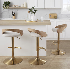 English Elm Adjustable Swivel Barstools Set of 3 Whitewashed Wood Oat Upholstered Gold Base B202S02187