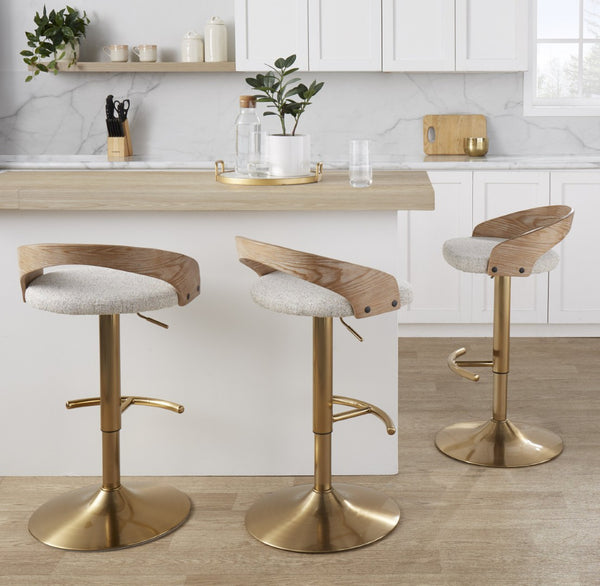 English Elm Adjustable Swivel Barstools Set of 3 Whitewashed Wood Oat Upholstered Gold Base B202S02187