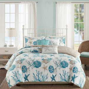 English Elm Full/Queen Pebble Beach 6 Piece Cotton Sateen Duvet Cover Set - Coastal Shells, OEKO-TEX, Embroidered Pillows B03597371